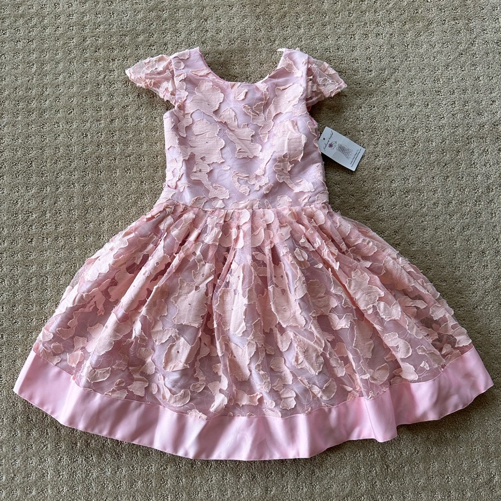 NWT Fiveloaves Twofish Grace Pink Floral Appliqué Cap Sleeve Dress, Size 12